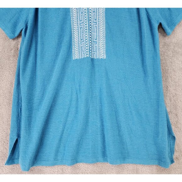 Chicos Shirt Womens 3 Blue Embroidered Linen Blend Casual Short Sleeve Blouse - Picture 7 of 10